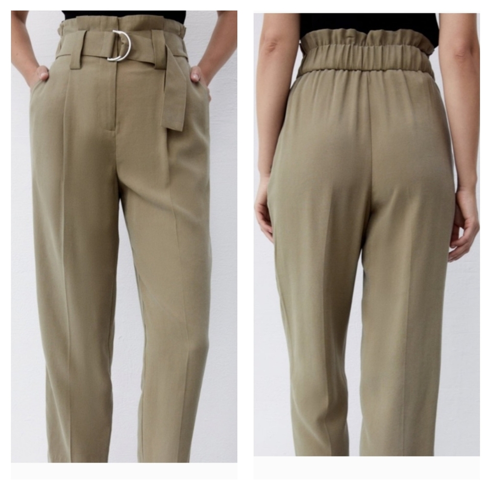 Zara Baggy High waisted Belted Olive Pant Size Small - Picture 2 of 13